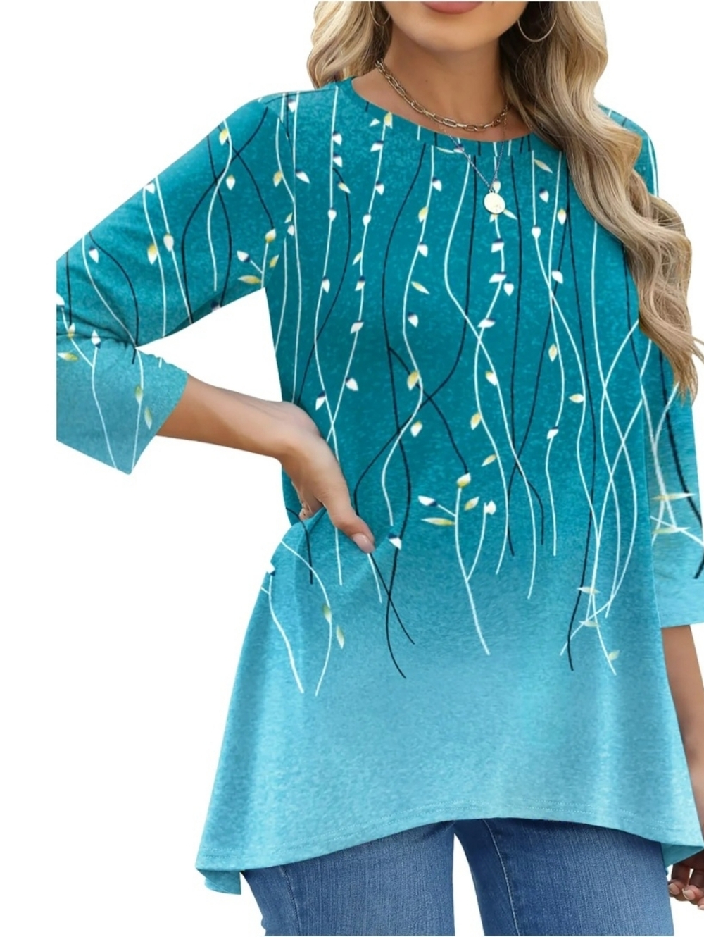 Teal Floral Vine 3/4-Sleeve Women's Top- Plus Sizes - Picture 3 of 7